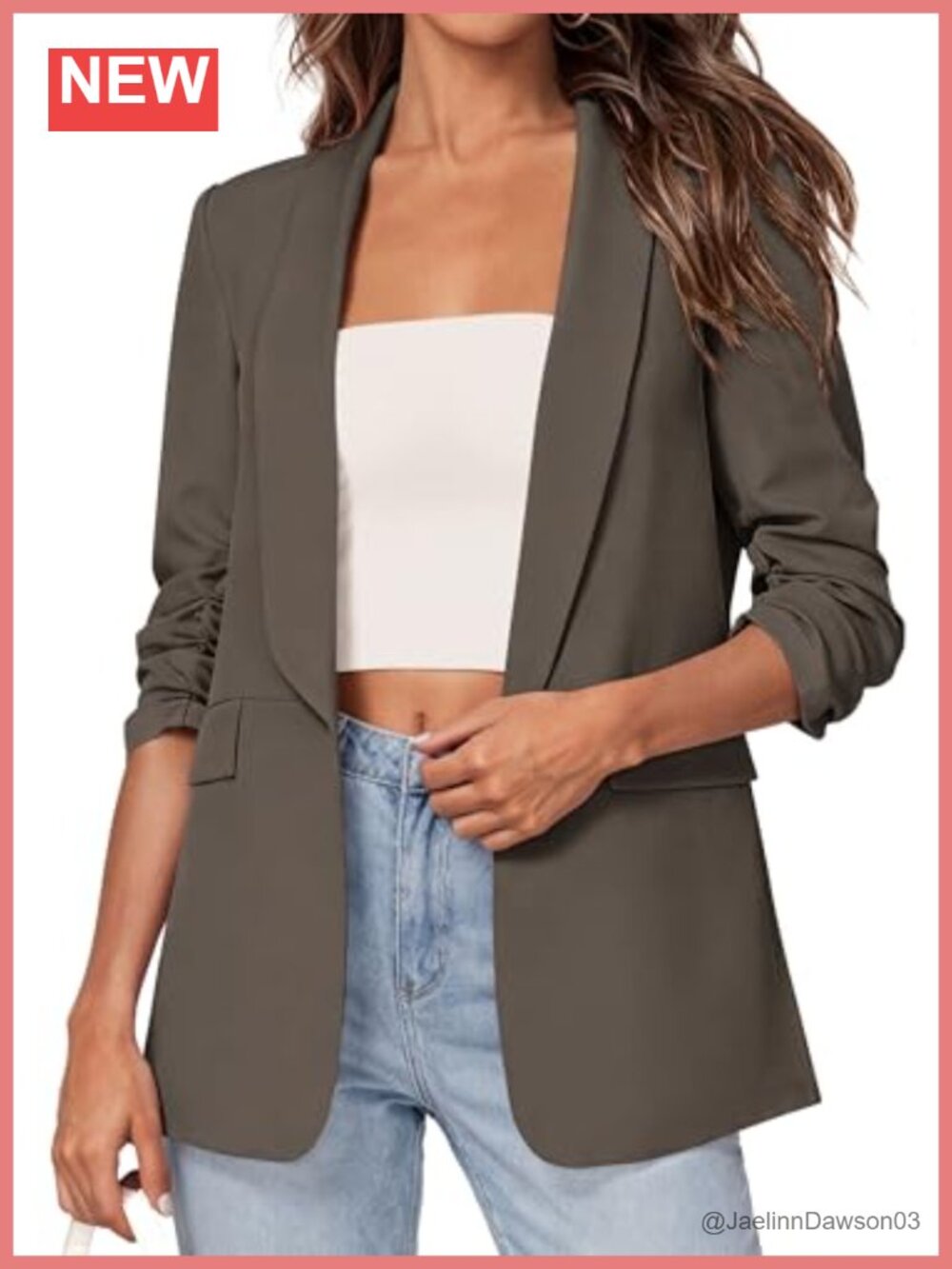 Lightweight Ruched 3/4 Sleeve Blazer Shawl Lapel Open Front Business Casual